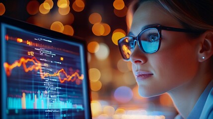 Focused IT Professional Analyzing Financial Data on Screen in a Modern Office