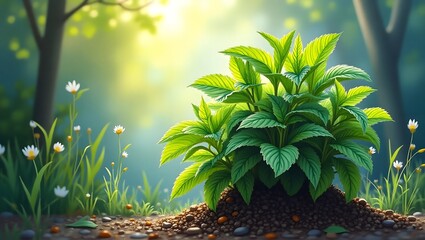 Obraz premium Lush Green Plant in Forest Sunlight