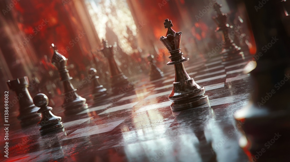 Poster Chess pieces on board in a dark, moody setting with light rays.