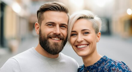 Fototapeta premium Smiling young caucasian adult couple embracing in urban setting