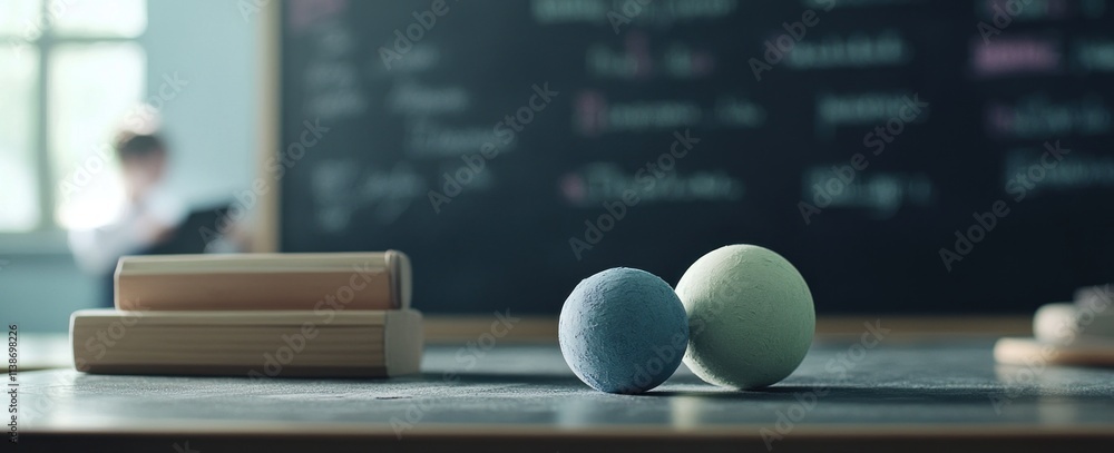 Poster classroom scene with chalk, eggs, blocks on table, student in background.