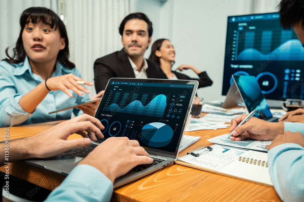 Poster financial data analysis dashboard by fintech bi or business intelligence display on laptop screen to