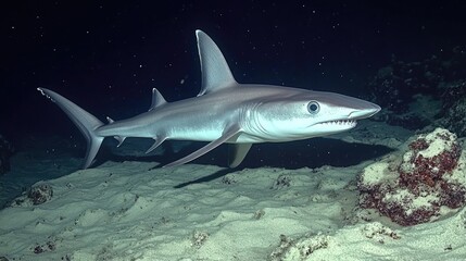 Fototapeta premium Graceful Shark Swimming in Clear Ocean Waters Under the Night Sky