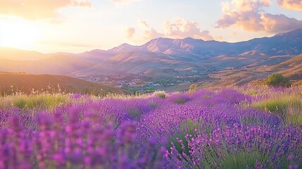 Fototapeta premium A serene landscape of lavender fields under a sunset sky.