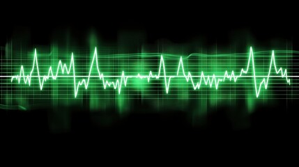 Fototapeta premium Green glowing ECG heart rate waveform on black background. Cardiology and health monitoring concept