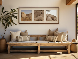 rustic interior, natural wood bench with photo frames on the wall.