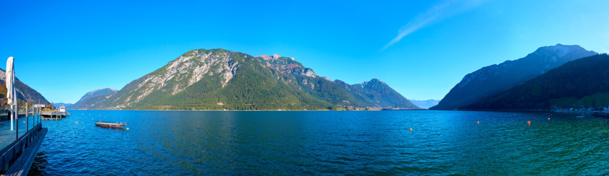 Beautiful landscape of lake Achen on a sunny day in the Austrian Alps. Austria, Tirol.