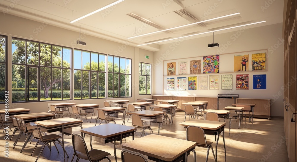 Poster bright classroom with tables, chairs and windows.