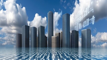 A vibrant city skyline illustrates the integration of technology with binary code overlaying modern buildings under a sunny sky
