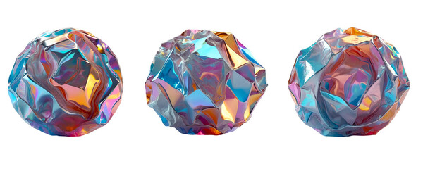 Fototapeta premium 3D chrome element in Y2K style, isolated background, liquid holographic metal. Three colorful balls made of paper, shiny reflective surface.