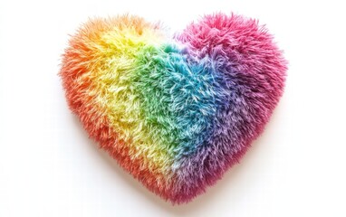 A fluffy rainbow heart made of soft, colorful textures, set against a bright white background