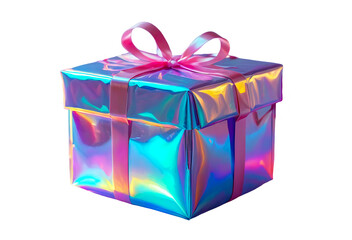 Obraz premium 3D holographic Y2K element, isolated background. Liquid chrome metal, colorful box with a bow on top wrapped in shiny material and has a bright, festive appearance, gift.