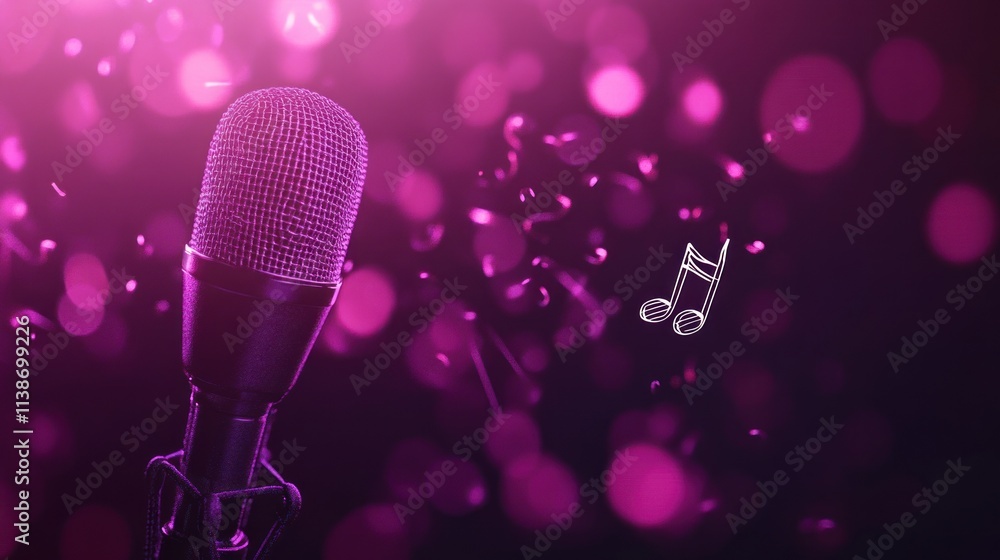 Aufkleber microphone with pink bokeh and notes.