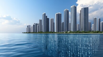 A vibrant city skyline illustrates the integration of technology with binary code overlaying modern buildings under a sunny sky