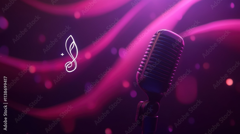 Aufkleber Retro microphone with flowing pink background and glowing bokeh effects.