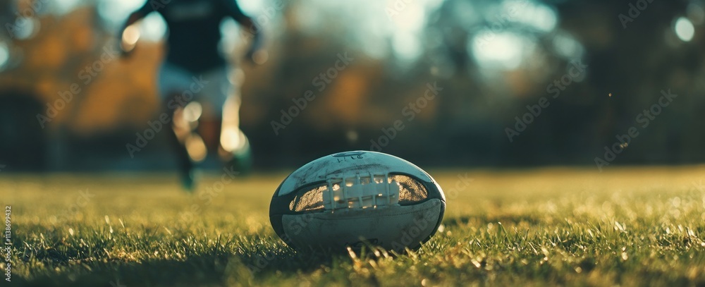 Poster football on grass with player running in blurred background.