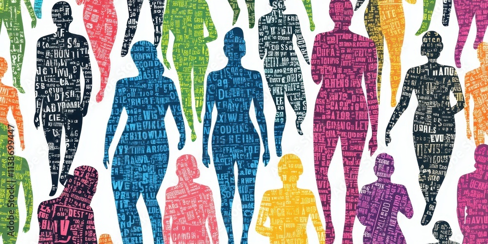 Aufkleber pattern with colorful silhouettes of people, their bodies composed from pages and text, each figure 