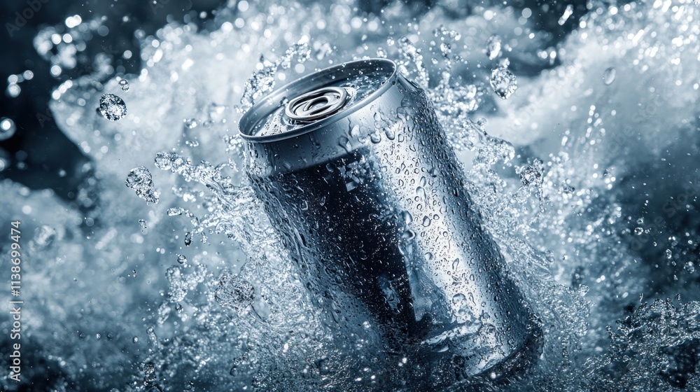 Poster aluminum can falls in rushing water creating splashes and droplets.