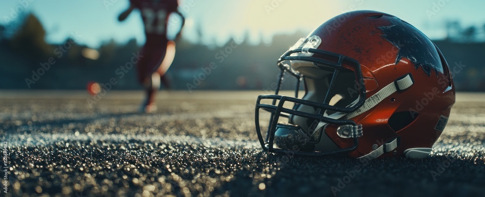 Aufkleber red football helmet with player in the background on field.