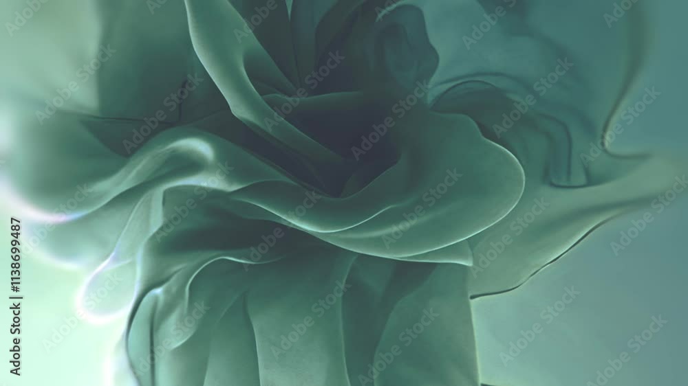 Poster Abstract 3D animation with soft, wavy shapes of translucent green fabric blowing in the breeze. Contemporary design with a light and airy feel