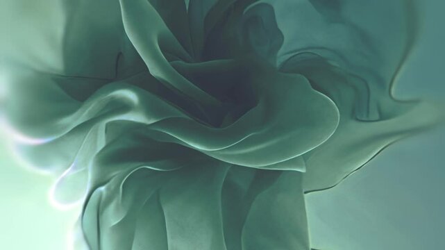Abstract 3D animation with soft, wavy shapes of translucent green fabric blowing in the breeze. Contemporary design with a light and airy feel