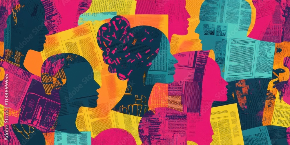 Aufkleber pattern with colorful silhouettes of people, their faces made from pages of open books and newspaper