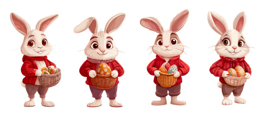 Fototapeta premium Cartoon easter bunnies. Bunny funny cute character holding wicker basket decorative painted ornate eggs, adorable rabbit mascot rabbits set vector illustration