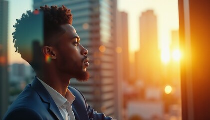 A professional individual in business attire contemplating the city's skyline during sunset, symbolizing ambition and vision.

