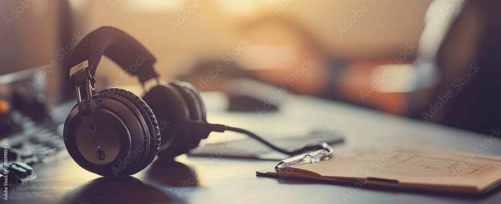 Poster headphones, clipboard and keyboard on a desk in soft focus.