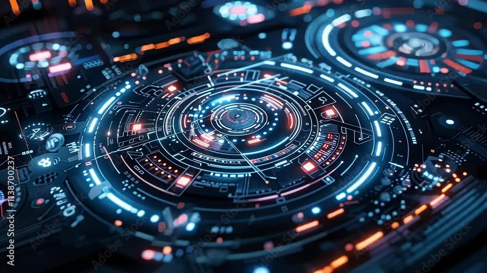 Poster glowing holographic circular interface displaying complex data analysis, representing future technol