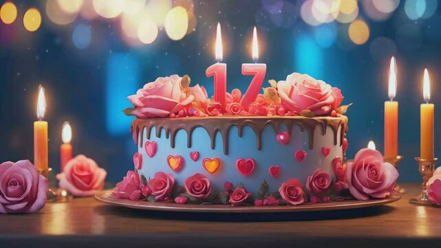 birthday celebration concept, birthday cake decorated with flowers and a symbol of love with candles number 17
