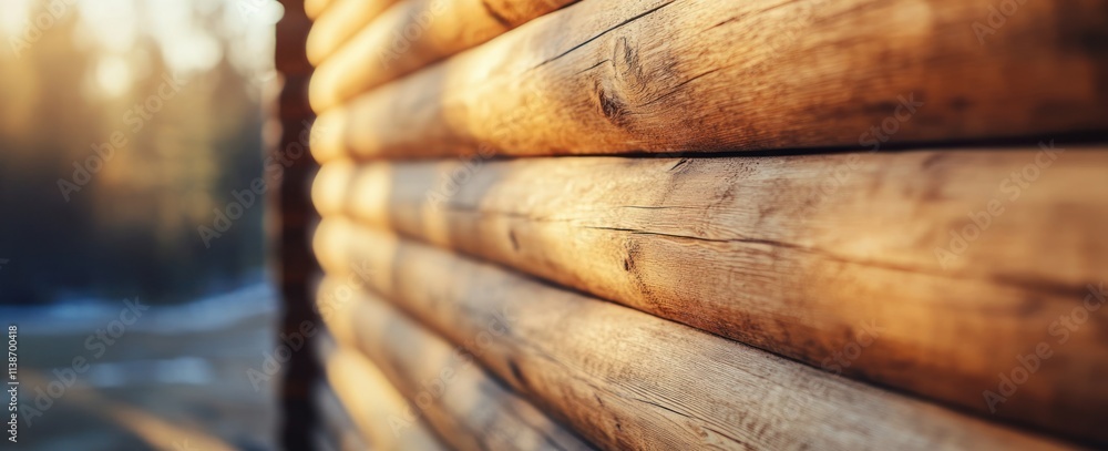 Poster rustic log wall in sunlight.
