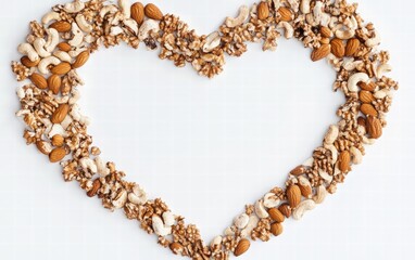 Obraz premium A heart made of mixed nuts like almonds, cashews, and walnuts, arranged symmetrically on a white background