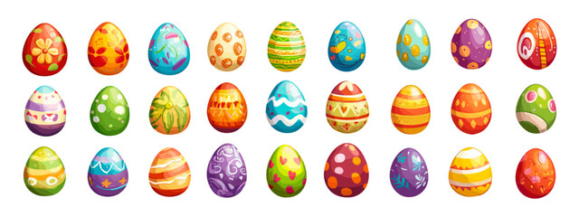 Cartoon easter eggs set. Colourful striped or spotted egg with ornament paint colours, christian religion holiday tradition gifts vector illustration
