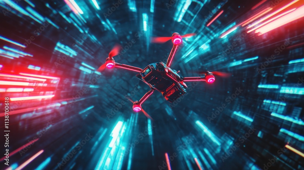 Poster Flying drone with red glowing rotors and light trails behind it.