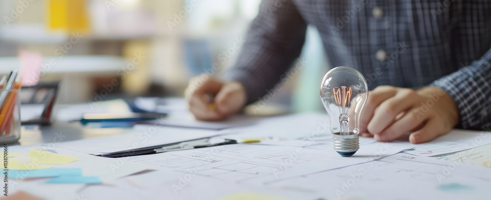 Aufkleber lightbulb on a desk with papers, concept of creative idea.