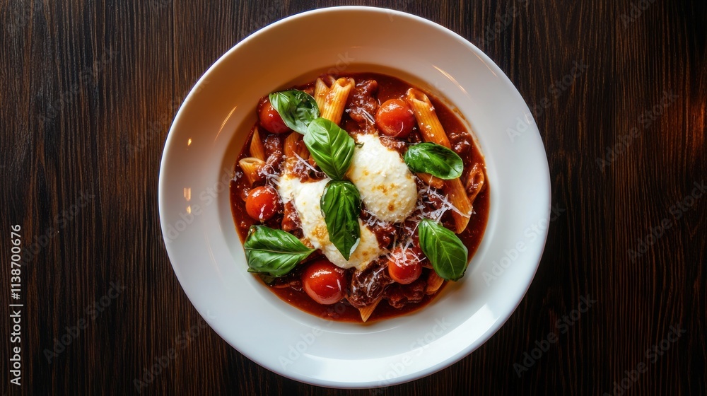 Poster Pasta dish with tomato sauce, mozzarella, basil on a dark wood table.