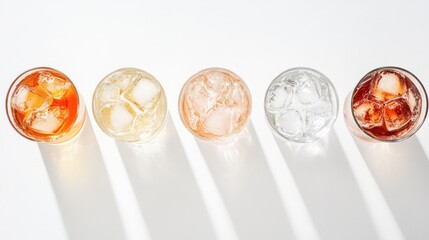 Five glasses of iced drinks, in various colors, on a white surface.