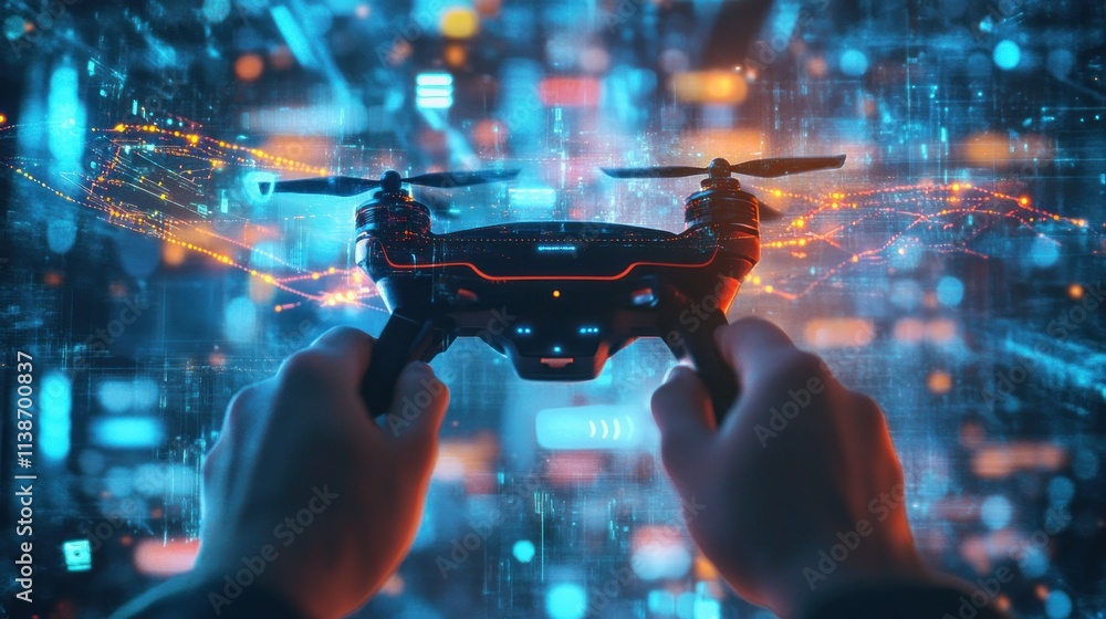 Poster Hands controlling drone with abstract digital background.