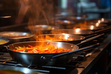 Close up of vibrant vegetables sizzling in a frying pan within a bustling restaurant kitchen