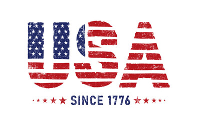 USA Since 1776 grunge flag design. Red and blue color. Template brush stroke grunge American flag USA since 1776. Vector flag text, typography for t shirt, clothes, texture, pattern, background.