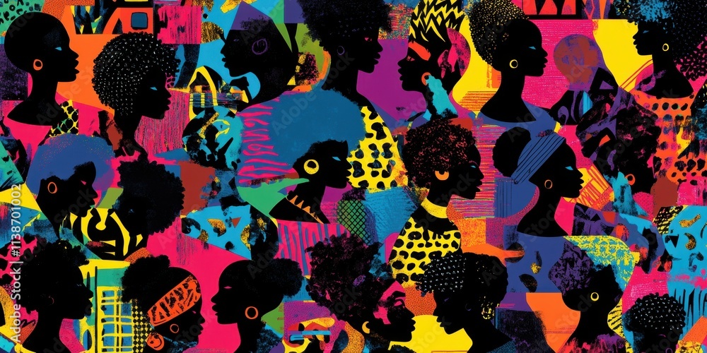 Aufkleber pattern of abstract silhouettes colorful patterns and african american women's faces in various colo