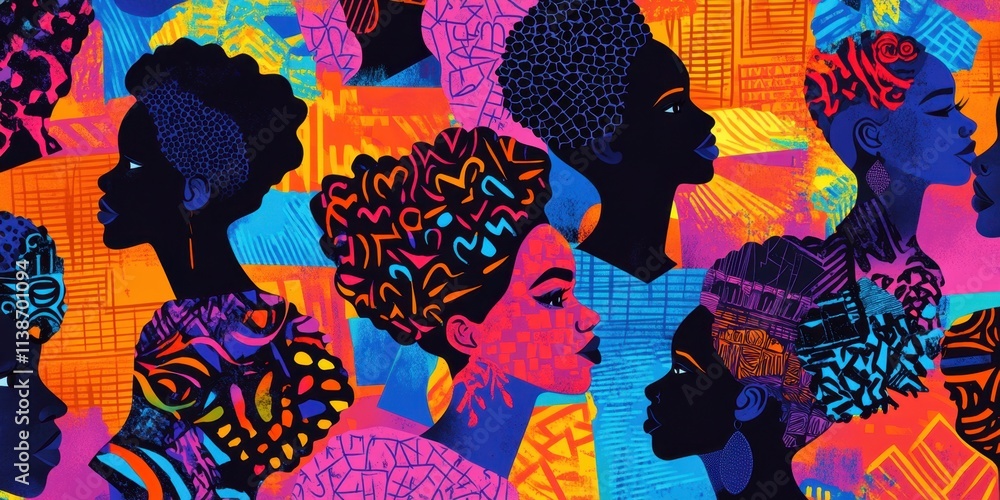 Aufkleber pattern of abstract silhouettes colorful patterns and african american women's faces in various colo