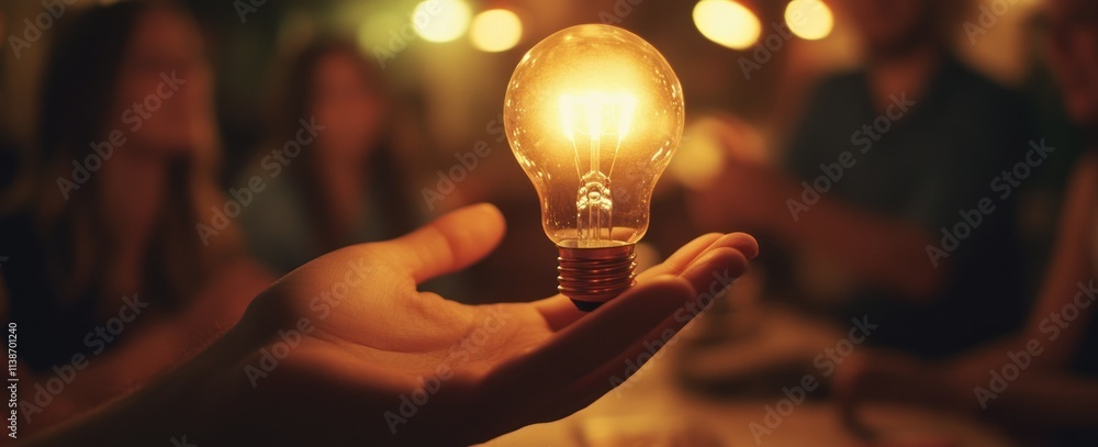 Aufkleber hand holding lit lightbulb with blurred group in background.