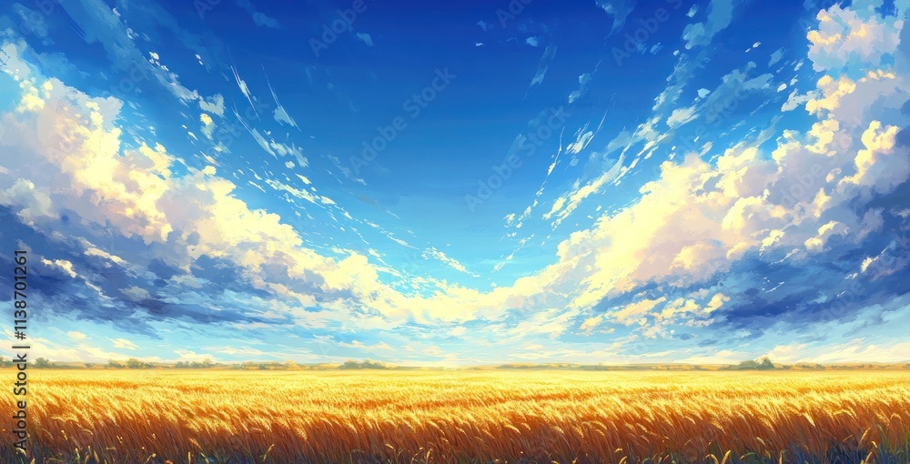 Poster expansive field of wheat under a bright, cloudy sky.