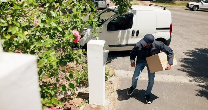 Delivery man, dancing and happy with package in street by van for transportation, services and logistics. Person, courier and rhythm with box, playful and funny with distribution for e commerce job