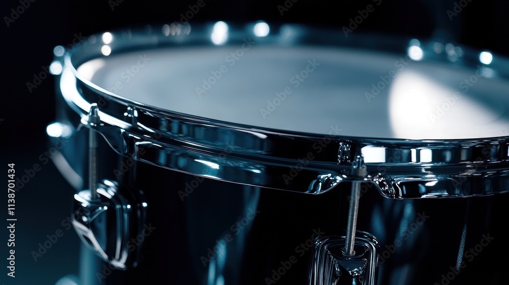 Poster close up view of a metallic drum with dark background.