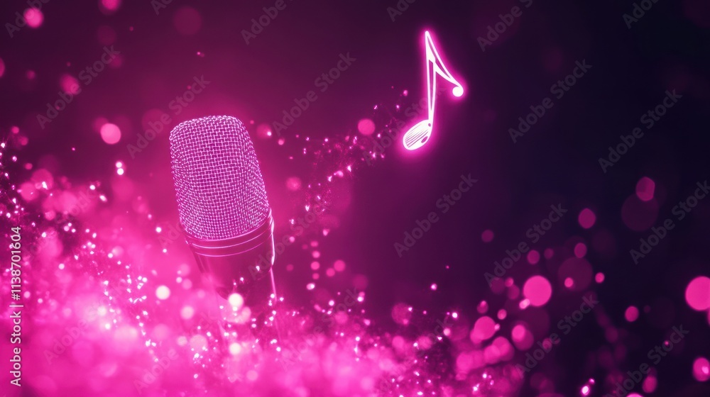 Aufkleber luminous pink microphone with musical note and bokeh lights.