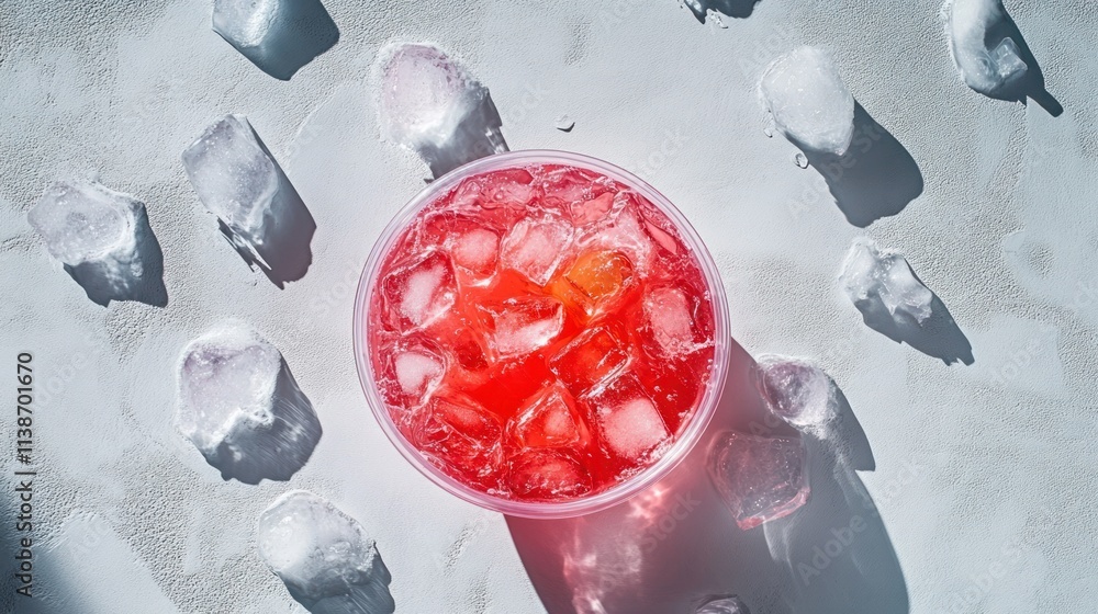 Poster refreshing red drink with ice on bright textured surface.