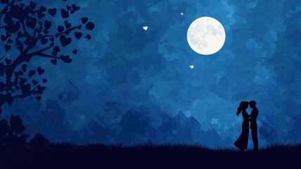 Obraz premium Couple embracing silhouetted under a full moon romantic scene nighttime emotional connection